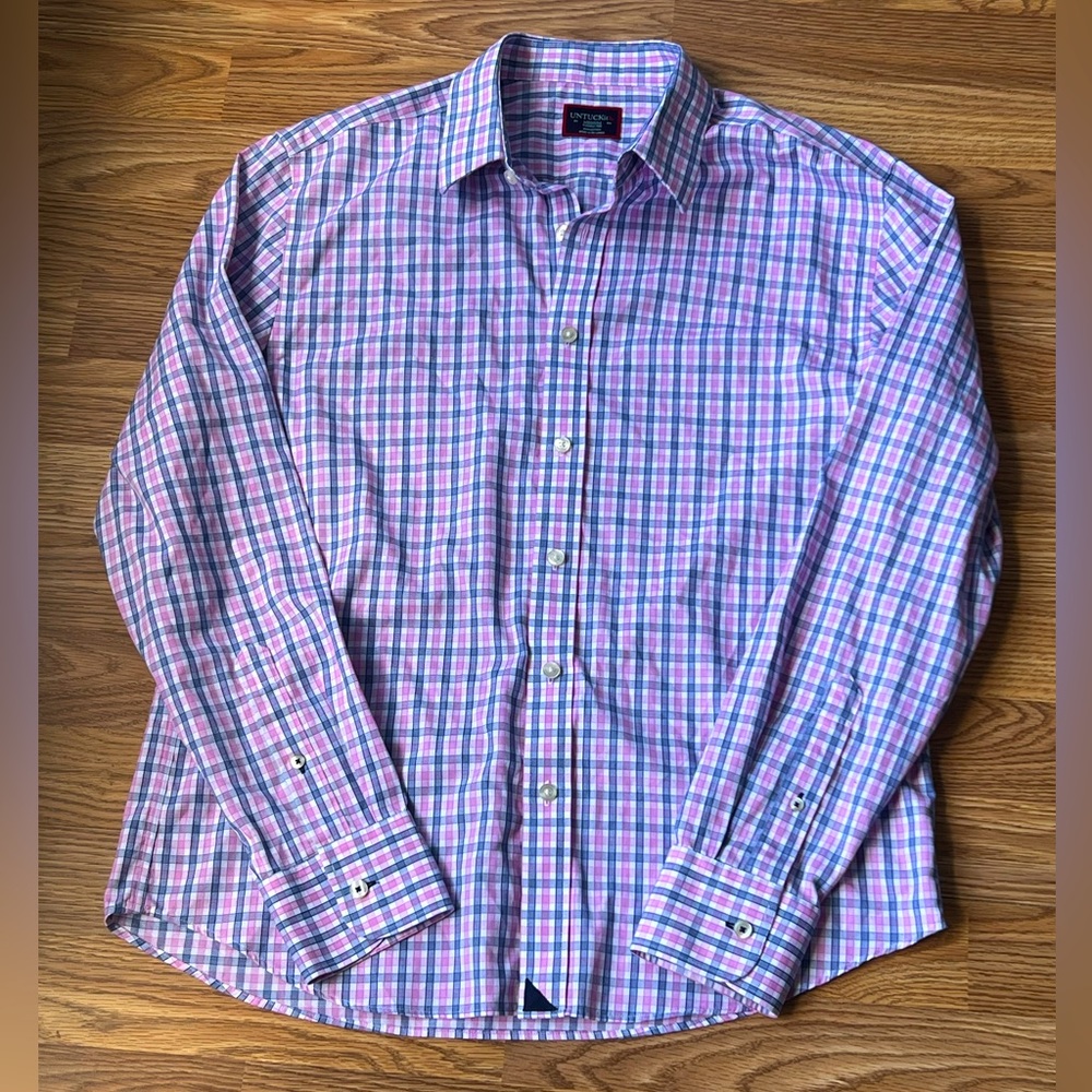 Untuckit Cotton Pink Blue Plaid Button Down Shirt Dolcetto men’s medium